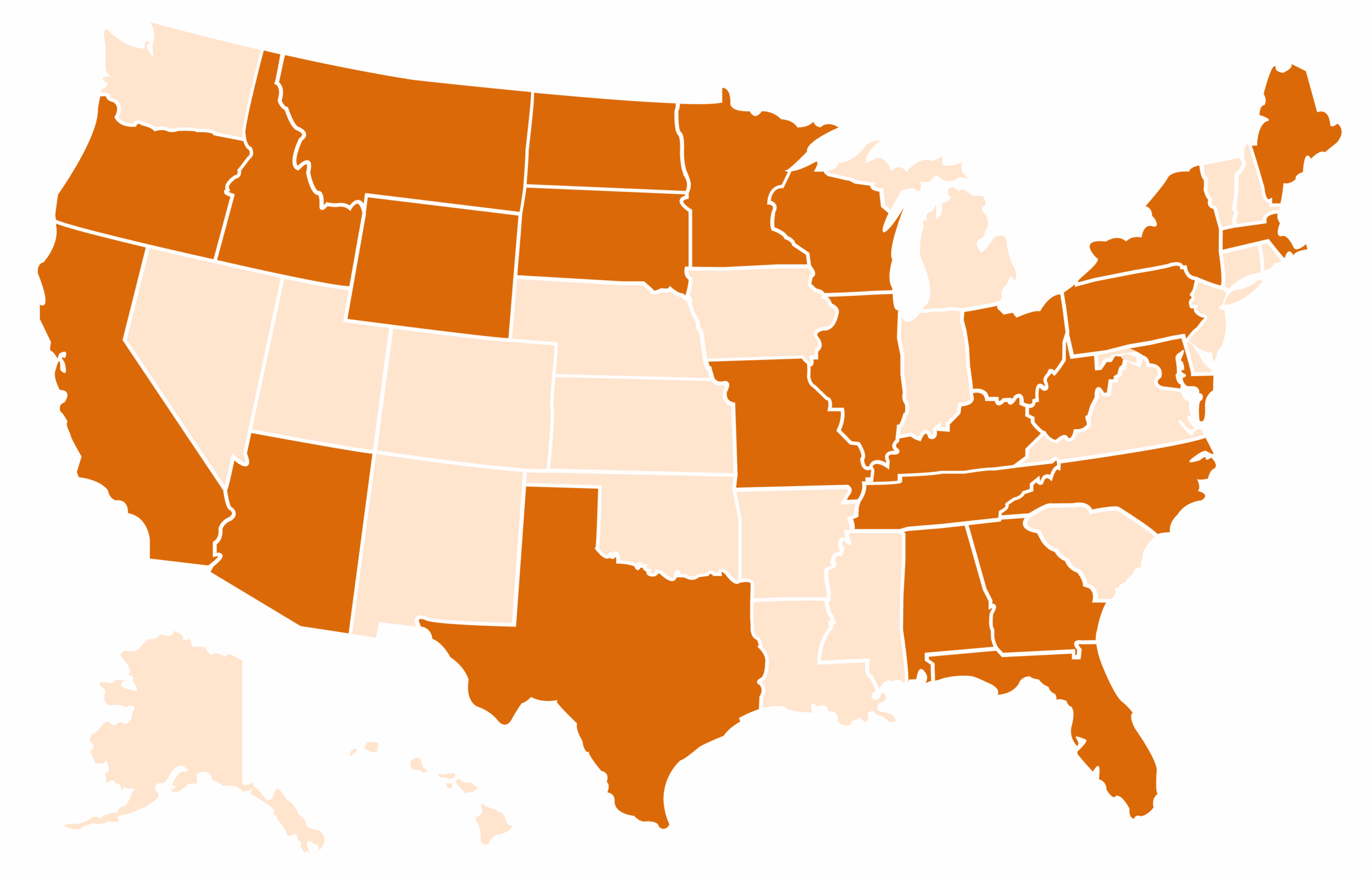 Map of the United States showcasing where BARR Center operates
